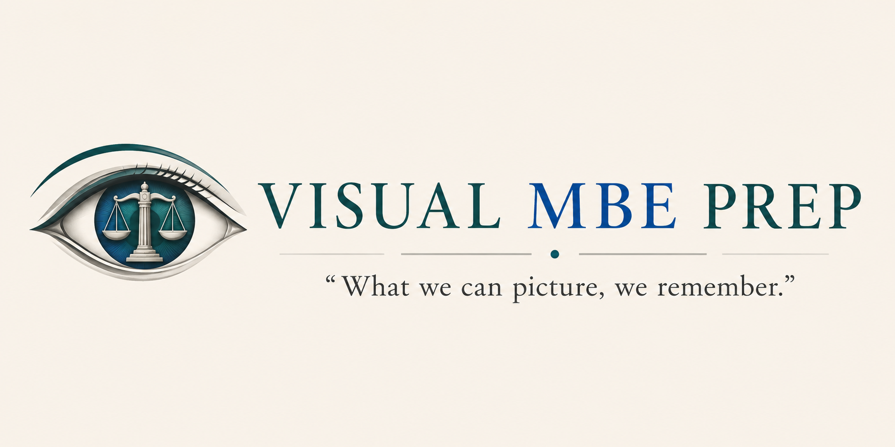 Visual MBE Prep logo: judicial eye with scales of justice and the quote What we can picture, we remember.
